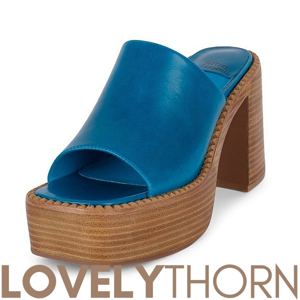 JEFFREY CAMPBELL // platform slide heel concert mule blue natural polish stack - Picture 2 of 6